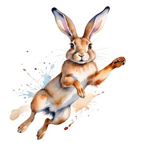 10 Watercolor Jumping Hare Clipart | High-Res JPG Woodland Rabbit Art for Spring Decor, Nursery Prints, Boho Stationery & Sublimation
