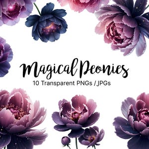 Lila Pfingstrose Clipart | Magische Space Witch Violette Pfingstrosen mit Funkelnden Sternen | Fantasie Blumen digitaler Download, kommerzielle Nutzung