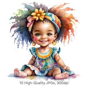 10 aquarel zwarte clipart babymeisjes | Clipart Afro krullend haar, Afro-Amerikaanse babysublimatie, hoogwaardige JPG, Instant Download