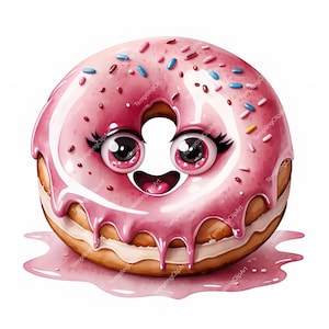 10 Watercolor Cute Donut Clipart | Kawaii Pink Frosted Doughnut with Heart Eyes, Pastel Dessert Art, High Quality JPGs  (Digital Download)