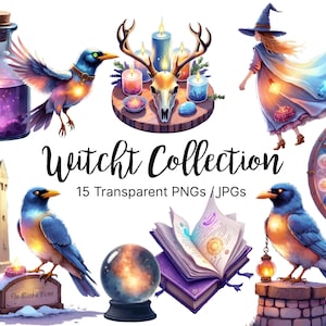 Collection de sorcières à l'aquarelle | Objets de rituel magique, corbeau, bougies, crâne, fantaisie | PNG transparent, téléchargement numérique, usage commercial