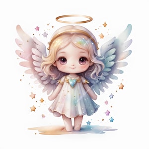 10 Cute Angel Clipart | Kawaii Girl With Wing, Printable Watercolor ...