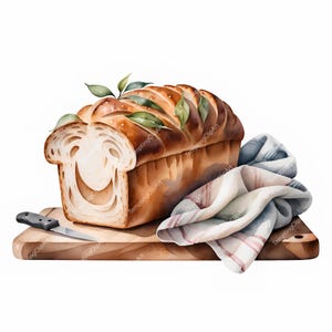 10 Watercolor Bread Loaf Clipart | Farmhouse Bakery with Cutting Board & Cloth, Rustic Kitchen Art, High Quality JPGs (Digital Download)