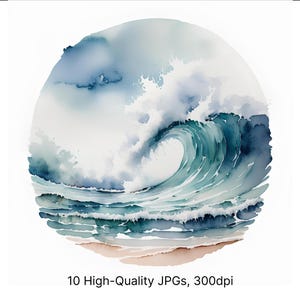 10 aquarel oceaan kalme clipart | High-res JPG kustlandschap, rustige strandkunst, serene oceaanscène voor sublimatie en decor