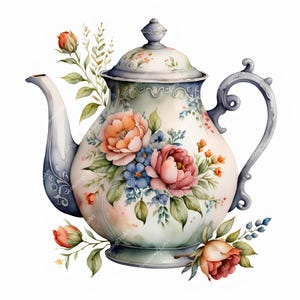 10 Watercolor Vintage Teapot Clipart with Floral Details | High Quality JPGs | Shabby Chic Tea Art | Digital Download for Crafts & Journals