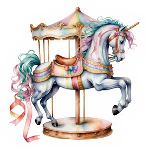 10 Watercolor Carousel Horse Clipart | Vintage Pastel Horses with Ribbons | Baby Shower & Party Decor | High-Quality JPG Download