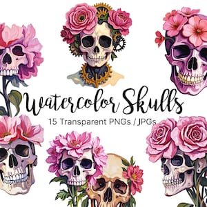 15 Watercolor Floral Skulls Clipart | Skulls with Flowers PNG | Gothic Boho Skull Art | Transparent Background | Digital Download