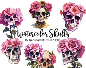 May include: Watercolour illustrations of 10 pink flower skull designs. Each skull is adorned with pink flowers and has a white background.