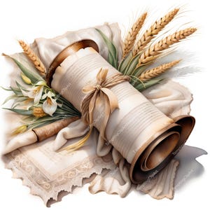 Imágenes prediseñadas de rollos de la Torá en acuarela / Lirios, trigo, encaje (descarga digital)