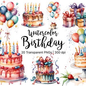 Watercolor Birthday Cake Clipart: Party Illustrations (Digital Download PNGs)