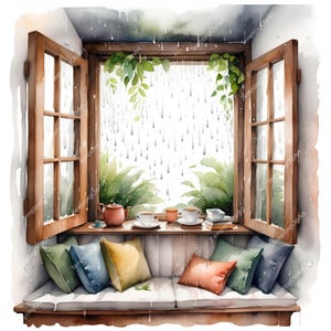 10 Watercolor Cozy Window Seat Clipart | Rainy Day Reading Nook | Books, Tea & Rain Illustrations | JPG Bundle | Digital Download