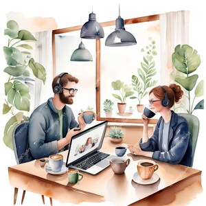水彩画風のバーチャルコーヒーミーティングのクリップアート10選 | 在宅勤務のイラスト | オンライン同僚のアート | 高画質JPGダウンロード