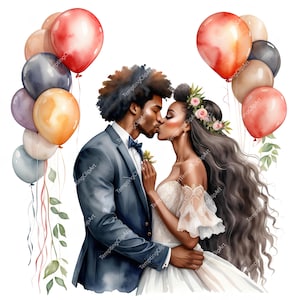 10 Watercolor Black Wedding Cliparts | African American Bride and Groom Art, Black couple, High-Resolution JPG Sublimation, Instant Download