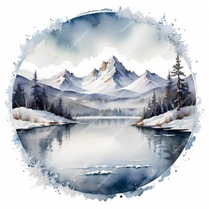 Winter Mountain Lake Clipart: Snowy Watercolor Scene (JPG Instant Download)