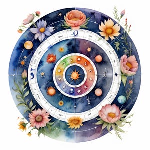 10 imágenes prediseñadas de la carta zodiacal en acuarela / Rueda astrológica con flores del zodiaco / Arte botánico celestial / Descarga en formato JPG de alta calidad