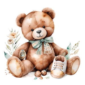 10 cliparts bébé bohème | Ours en peluche aquarelle, tétine et jouet en bois | Décoration neutre pour chambre de bébé | Art baby shower | Téléchargement JPG de haute qualité