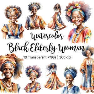10 Watercolor Black Elderly Woman Clipart | African American Old Grandma Sublimation, Afro Hair Mom Art |  Transparent PNGs Instant Download