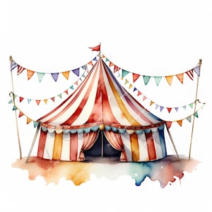 Pode incluir: Ilustração em aquarela de uma tenda de circo com listras vermelhas e brancas, bandeirolas coloridas e uma pequena bandeira vermelha no topo. A tenda tem um padrão listrado em vermelho, amarelo e azul. A imagem tem um efeito aquarela.