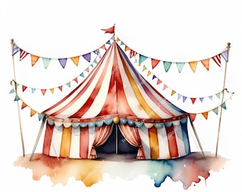 10 Circus Tent with Bunting Flags | Watercolor Carnival Clipart, Printable High Quality JPGs, Paper craft, junk journals (Digital Download)