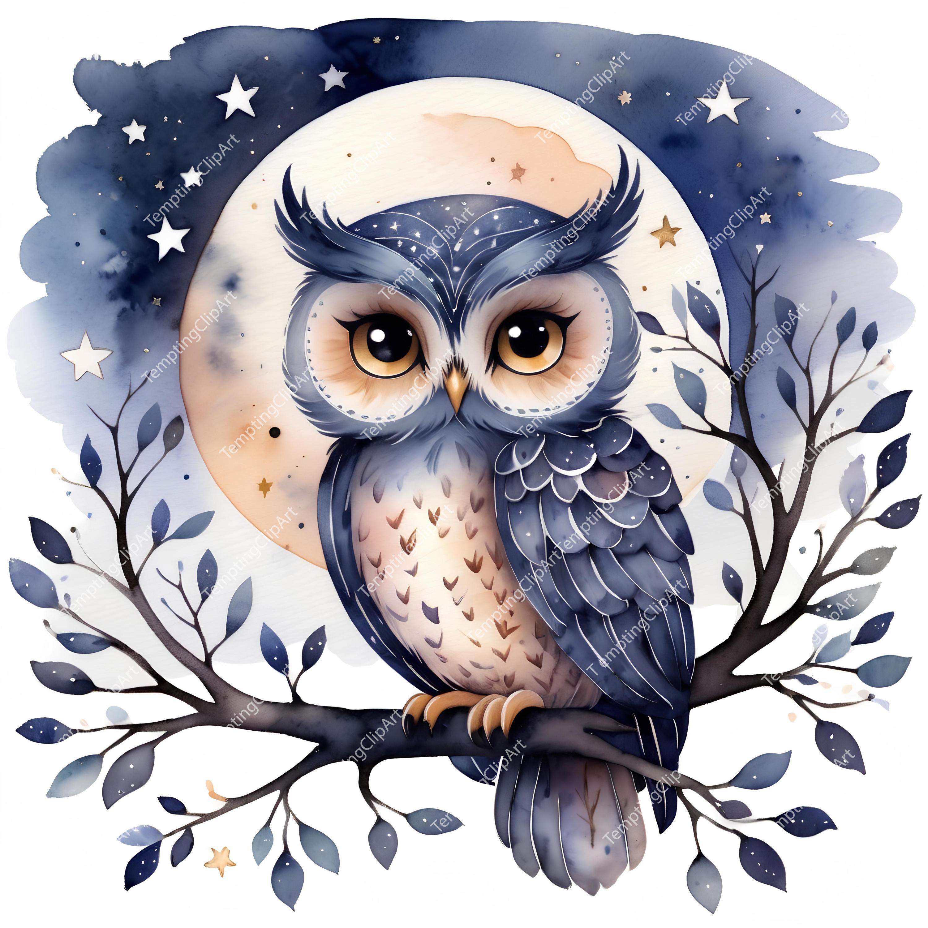 10 Owl Clipart | Moonlight, Branches & Stars, Printable Watercolor clipart, High Quality JPG, Di
