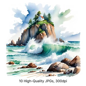 10 aquarel oceaankunstcollectie | Serene strandtaferelen, zachte golven en kustrust | Hoogwaardige JPG voor digitaal, commercieel gebruik