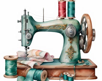 10 Retro Sewing Machine | Watercolor Sewing Clipart, Thread, Fabric & Scissors, Vintage Crafting Art, High Quality JPGs (Digital Download)