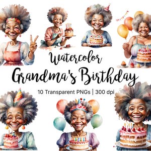 Watercolor Birthday | Black Grandma Cliparts | African American Mother & Old Woman,  Cake Art | Transparent PNGs | Instant Digital Download
