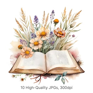 10 aquarel wilde bloemenboek clipartset | Botanisch open boek met bloemen, rustieke bloemenillustraties | Hoge resolutie jpg's direct downloaden