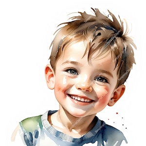 Könnte beinhalten: Aquarell-Illustration eines lächelnden Kindes mit hellbraunem Haar und blauen Augen. Das Kind trägt einen blau-grünen Pullover. Das Bild hat einen weichen, künstlerischen Stil mit weißem Hintergrund.