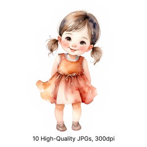 10 aquarel meisjes cliparts | Glimlachend meisje in schattige jurk illustratie | Hoogwaardige JPG voor kinderen Verjaardagskaarten, decor, plakboekkunst