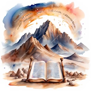 10 Mount Sinai Clipart | Watercolor Torah Scroll Art with Hebrew Symbols, Spiritual Jewish Set Shavuot, High Quality JPGs (Digital Download)