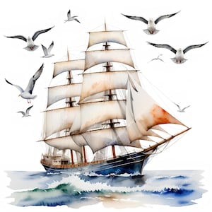 Watercolor Sailing Ship Clipart: Nautical Ocean Art (Digital Download, 10 JPGs)