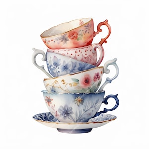 Puede incluir: Una pila de cinco tazas de té decorativas y un platillo, cada una con un diseño floral único. Las tazas presentan colores pastel como rosa, azul y blanco, con detalles dorados y asas ornamentadas. La taza inferior descansa sobre un platillo a juego.
