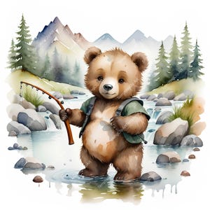 Watercolor Bear Cub Clipart Set: Mountain Stream Scene (JPG Download, Commercial Use OK