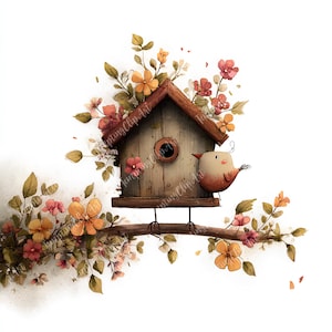 Puede incluir: Ilustración en acuarela de una casa para pájaros con un pequeño pájaro posado en una rama. La casa para pájaros es marrón con una abertura circular, rodeada de flores coloridas en tonos naranja, rosa y amarillo. La imagen tiene un estilo artístico y caprichoso.