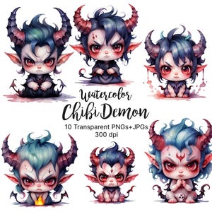 10 Watercolor Cute Chibi Demon Clipart | Kawaii Pastel Demon PNG | Halloween Fantasy Art | Transparent Background | Digital Download