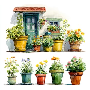 Pacote de Clipart de Jardim Campestre em Aquarela: Vasos de Flores, Rosas, Flores Silvestres, Jardim Vintage em JPG, Ilustrações Florais de Primavera, 20 JPGs, Download