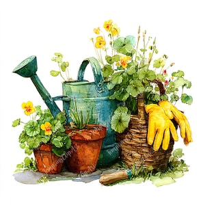 以下が含まれることがあります： 水彩画のガーデニングツールと植物のイラスト。緑色のじょうろ、黄色の花が入ったテラコッタの鉢、柳のバスケット、黄色の手袋が石の表面に配置されています。春とガーデニングをテーマにしたシーンです。