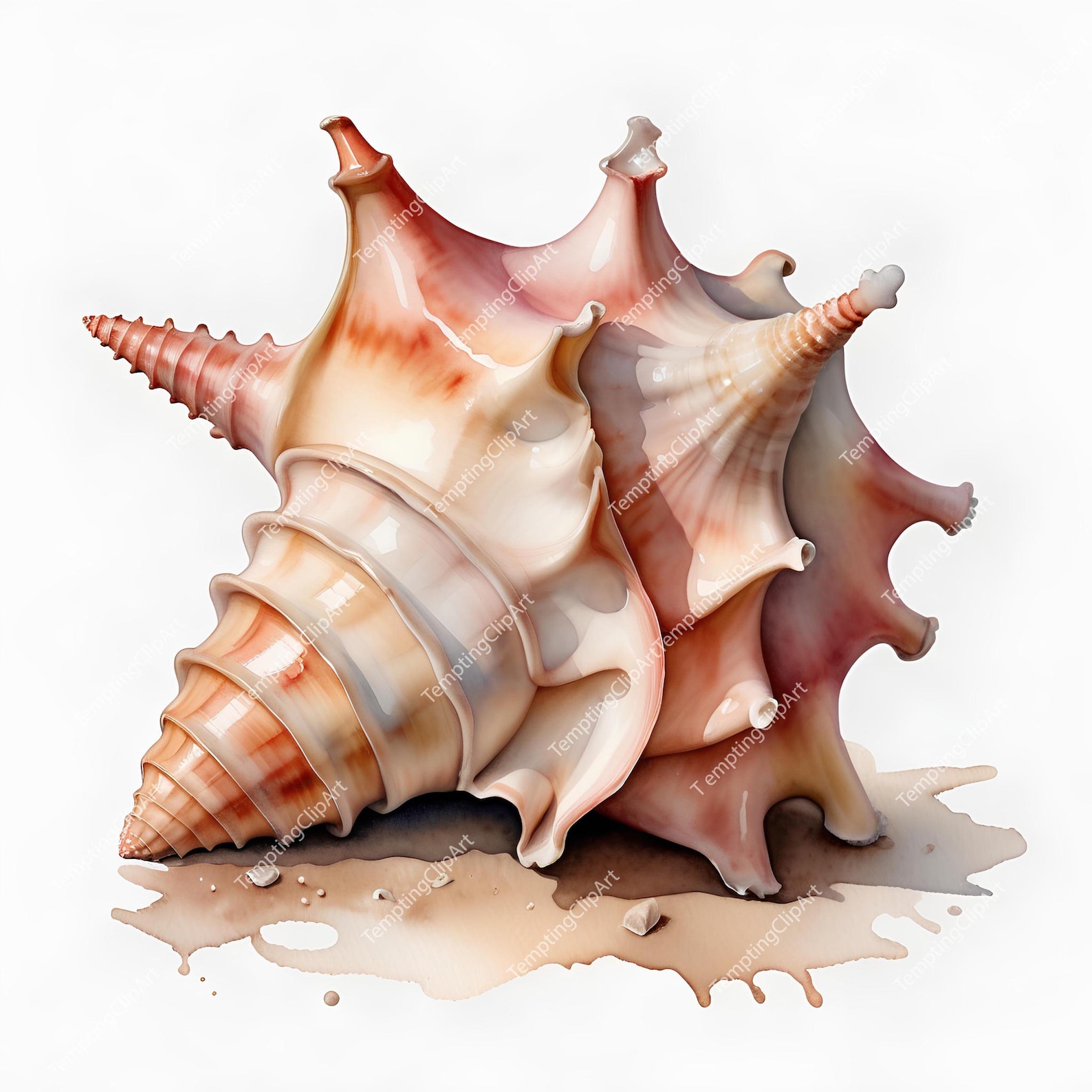 10 Watercolor Conch Shell Clipart | Realistic Beige & Pink Tones, Beach ...