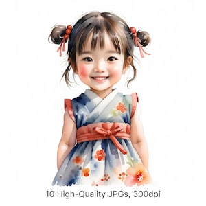 Aquarel Japans meisje clipart: Kawaii Aziatische kindillustraties (JPG)