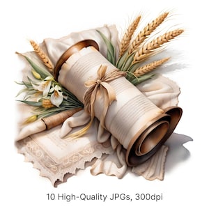 10 Aquarell Tora Rolle Clipart | Vintage jüdische Kunst mit Lilien, Weizen, Spitze, spirituelle hochauflösende JPG für Shavuot, Pessach
