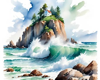 Watercolor Ocean Clipart | Beach Rocks, Gentle Waves (Digital Download)
