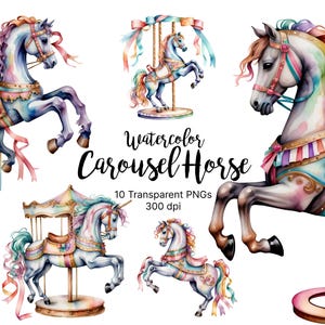 Watercolor Carousel Horse Clipart | Pastel Ribbon Pony PNGs, Vintage Carnival Horse Art | Sublimation Transparent PNG Instant Download