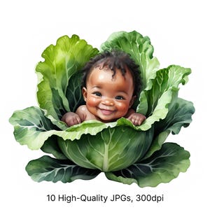 10 cliparts bébé noir aquarelle | Illustration de bébé mignon dans le chou | Art nouveau-né afro-américain | JPG pour décoration de baby shower et de chambre d'enfant