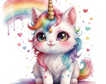 Watercolor Caticorn Clipart | Kawaii Unicorn Cat Art (Digital Download)