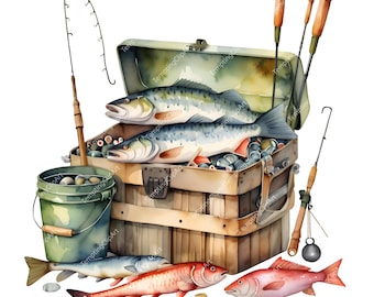 10 Vintage Fishing Clipart | Watercolor Rod, Bait Box, Hooks & Bucket of Fish, Rustic Outdoor Gear Art, High Quality JPGs Digital Download)