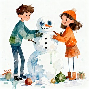 16 Christmas Kids Clipart | Boy & Girl Building a Snowman, Watercolor clipart, High Quality JPG, Digital download, Paper craft, junk journal