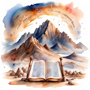 10 Clipart ad acquerello del Monte Sinai / Arte luminosa del rotolo della Torah con simboli ebraici / Set JPG spirituale ebraico per Shavuot e decorazioni sacre