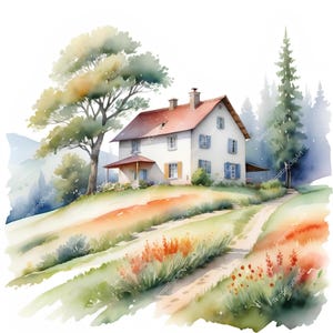 Watercolor Countryside House Clipart: Serene Hillside Cottage Art (JPG Instant Download