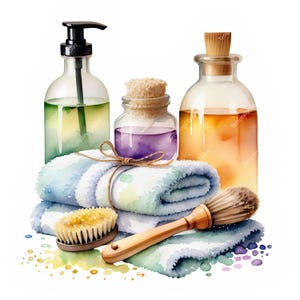 10 pastelkleurige spa-afbeeldingen | Aquarelbadzout, lichaamsborstel, oliën en handdoek | Zachte zelfverzorging esthetische kunst | Hoogwaardige JPG-download